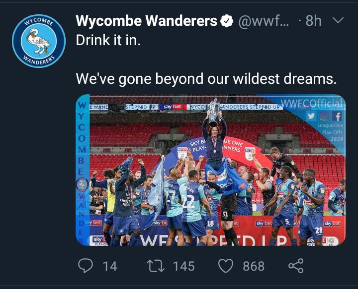 Screenshot 20200714 074330 531c504952cf39fe3345b666a7b81f52 - Wycombe's promotion to Championship: A Magical Delight